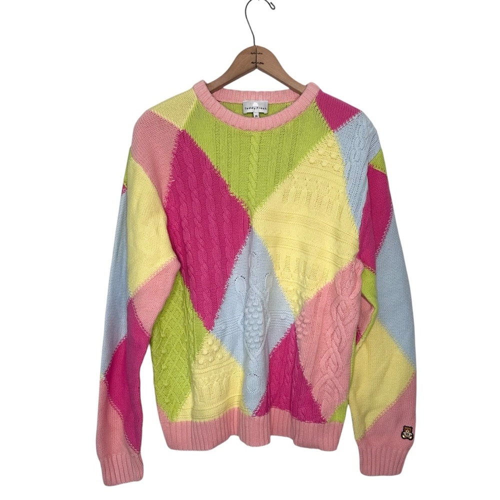 Teddy Fresh Sweater Men’s XL Colorful Block Pink Yellow Blue Green Cotton